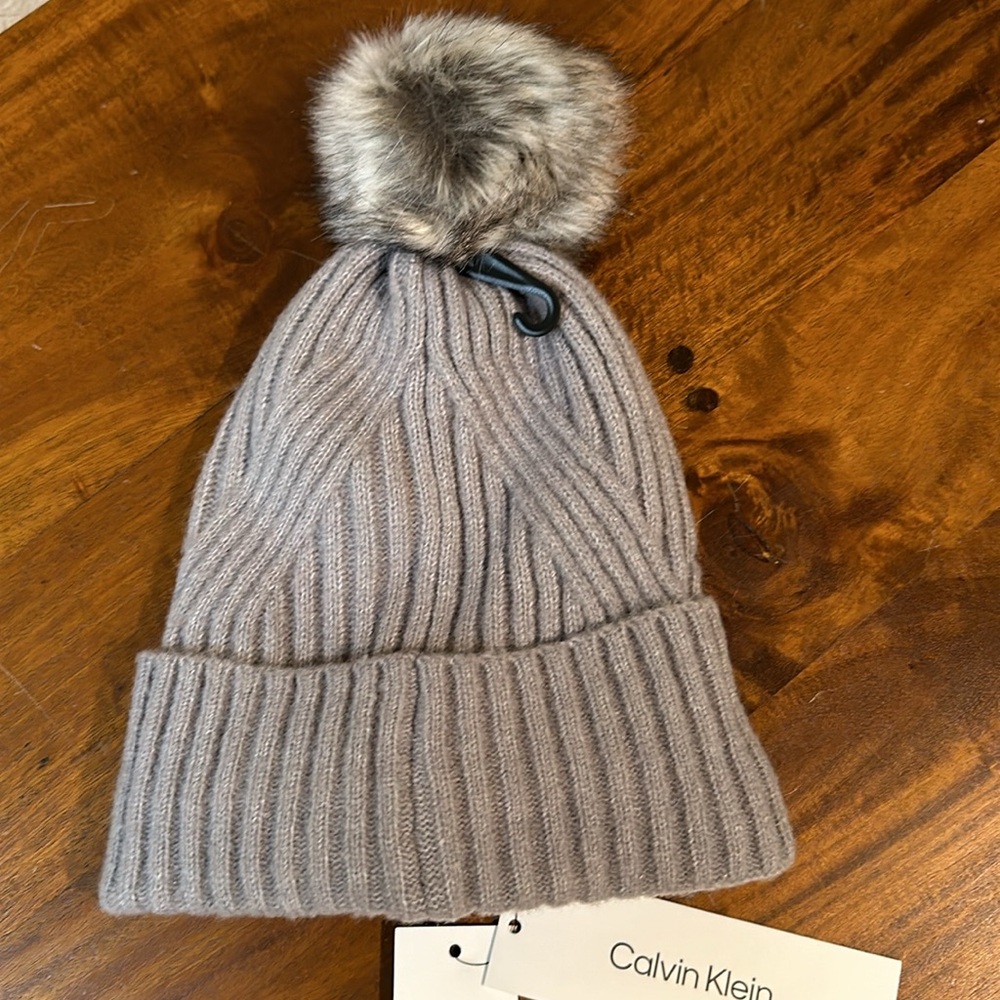 Calvin Klein Knit Pom Pom Ski Hat Grey